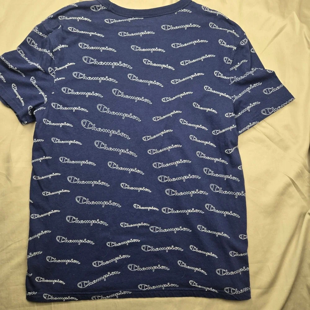 Champion Mens Navy Blue All Over Script Logo Print T-Shirt Medium Crewneck Tee - Picture 8 of 9